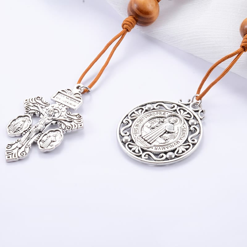 Christianartworkshop Antike silberne Rosenkranz-Autoanhänger aus Holz mit heiliger Medaille: Symbol für sanftes Reisen und göttliche Gnade - image 6