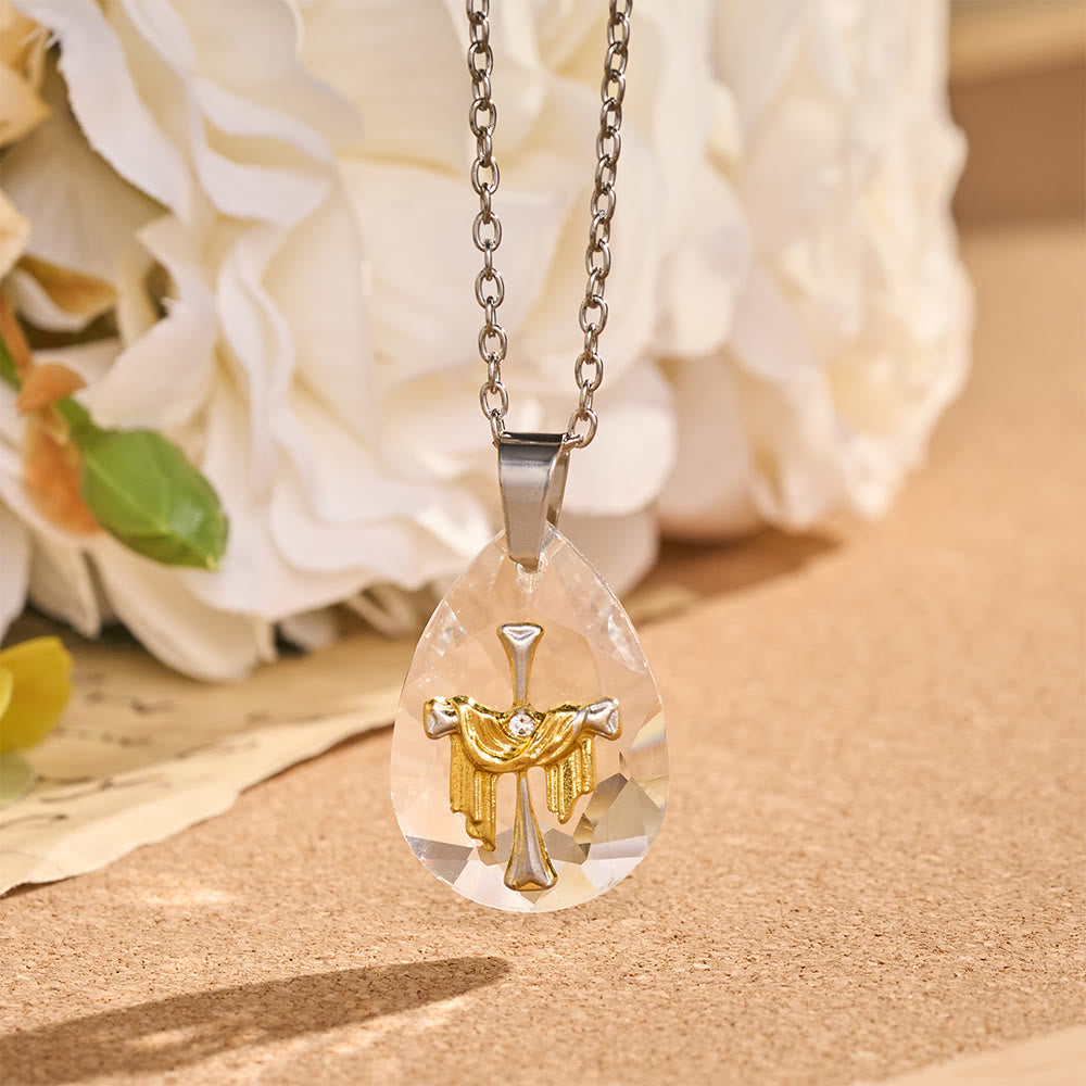 Christianartworkshop Mehrstilige Halskette mit tropfenförmigem Kristallanhänger und heiligem Motiv: Symbol für vielfältigen spirituellen Trost. - Zweifarbiger Vorhangstoff Kreuz - image 3