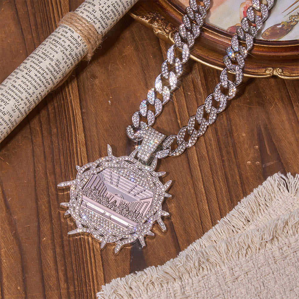 Christianartworkshop Mit Diamanten besetzter Dornenkronen-Anhänger „Letztes Abendmahl“ an kubanischer Kette: Symbol des glorreichen himmlischen Testaments - Silber - image 3
