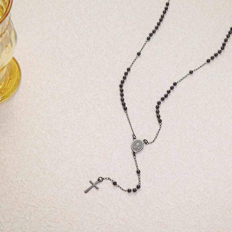 ChristianartworkshopPerlenbesetzte, mehrlagige Kette mit heiliger Medaille und kleinem Kreuzanhänger: Symbol reiner himmlischer Hingabe - C - image 3
