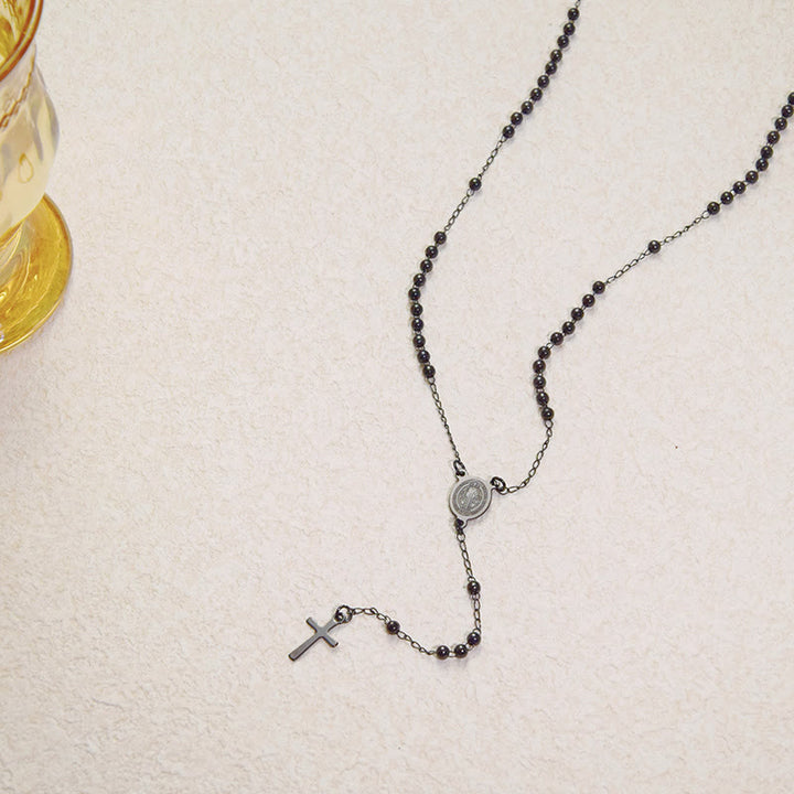 ChristianartworkshopPerlenbesetzte, mehrlagige Kette mit heiliger Medaille und kleinem Kreuzanhänger: Symbol reiner himmlischer Hingabe - C - image 3