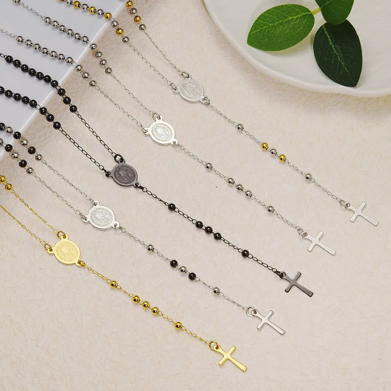 ChristianartworkshopPerlenbesetzte, mehrlagige Kette mit heiliger Medaille und kleinem Kreuzanhänger: Symbol reiner himmlischer Hingabe - image 0