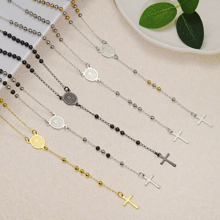 ChristianartworkshopPerlenbesetzte, mehrlagige Kette mit heiliger Medaille und kleinem Kreuzanhänger: Symbol reiner himmlischer Hingabe - image 0