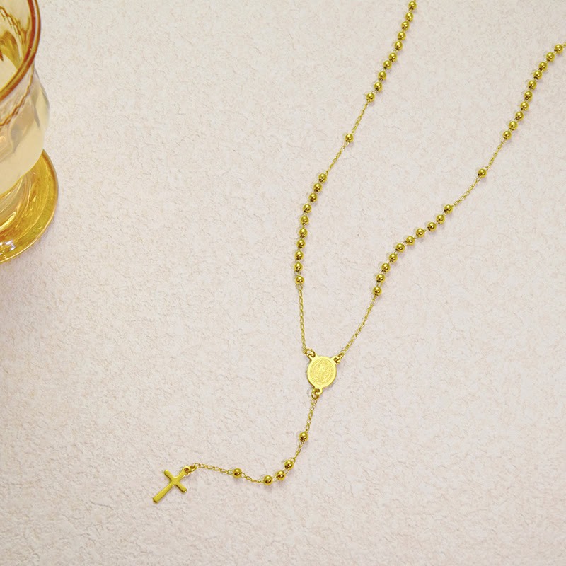 ChristianartworkshopPerlenbesetzte, mehrlagige Kette mit heiliger Medaille und kleinem Kreuzanhänger: Symbol reiner himmlischer Hingabe - A - image 1