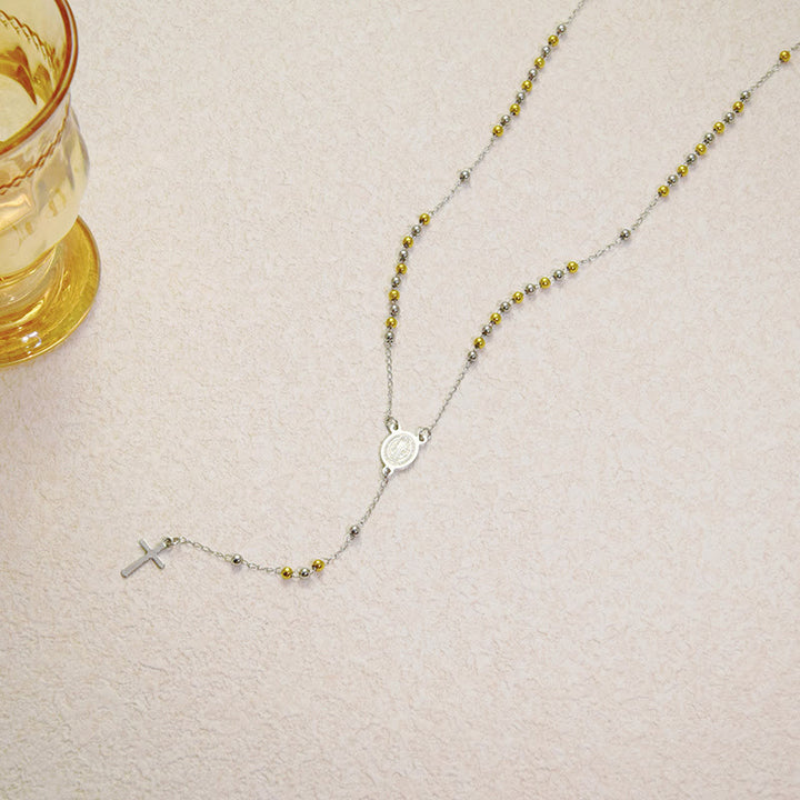 ChristianartworkshopPerlenbesetzte, mehrlagige Kette mit heiliger Medaille und kleinem Kreuzanhänger: Symbol reiner himmlischer Hingabe - E - image 5