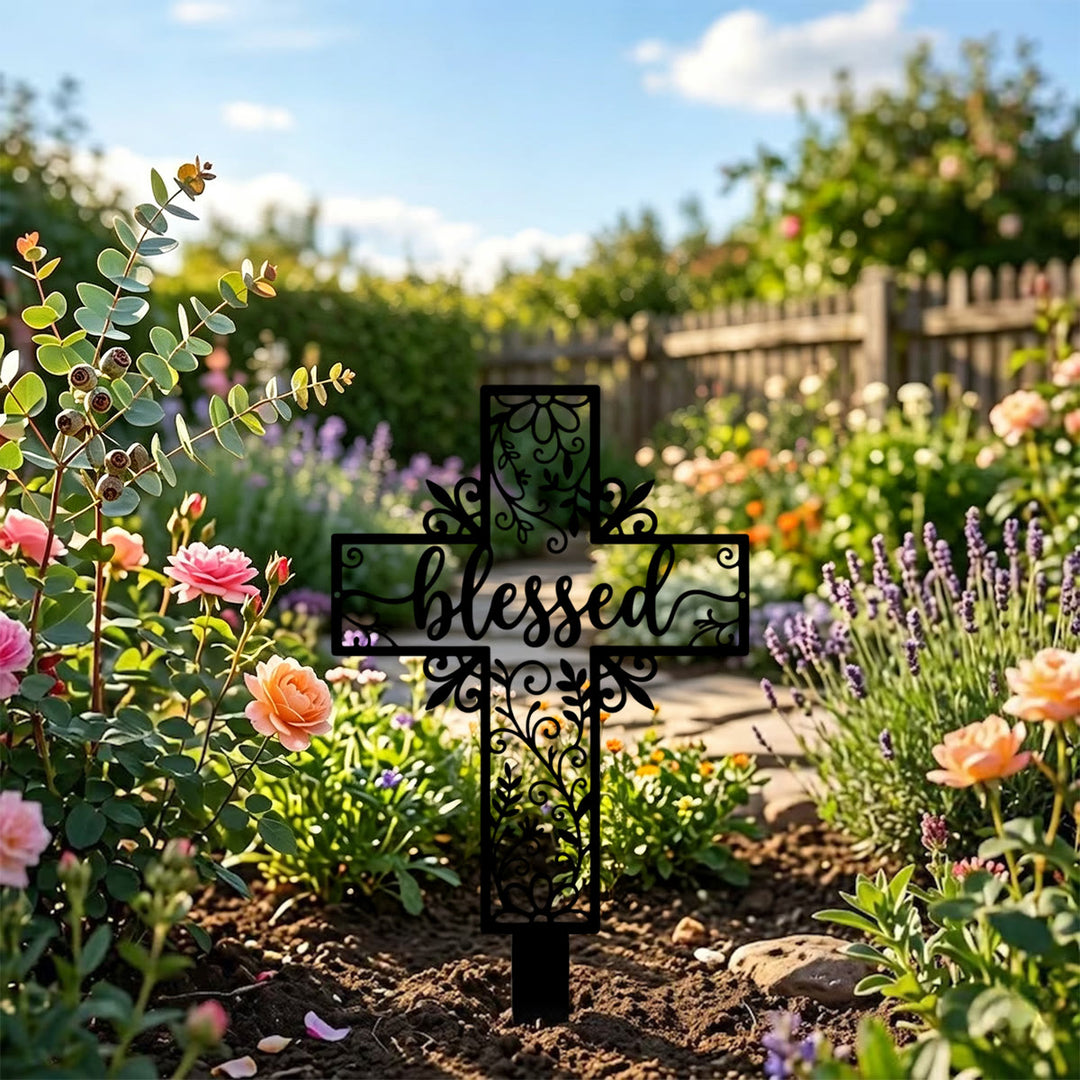 Christianartworkshop Gesegneter Schriftzug, hohles Kreuz, Metallpfahl für den Garten: Zeichen beständiger göttlicher Gunst - image 0