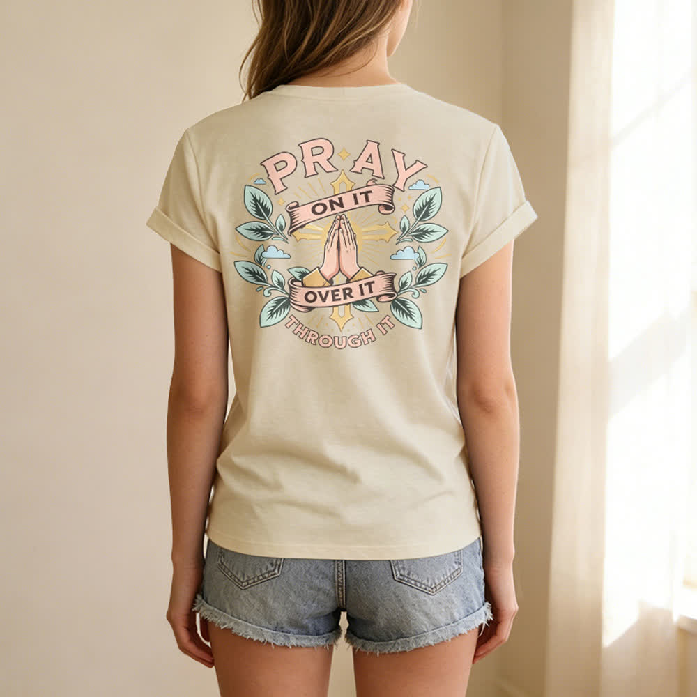 Christianartworkshop Pray On It Damen-T-Shirt mit seitlich geknoteten, hochgekrempelten Ärmeln und V-Ausschnitt - image 16