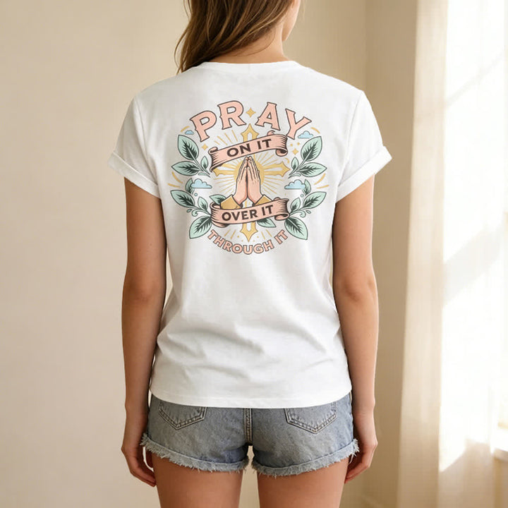 Christianartworkshop Pray On It Damen-T-Shirt mit seitlich geknoteten, hochgekrempelten Ärmeln und V-Ausschnitt - image 10