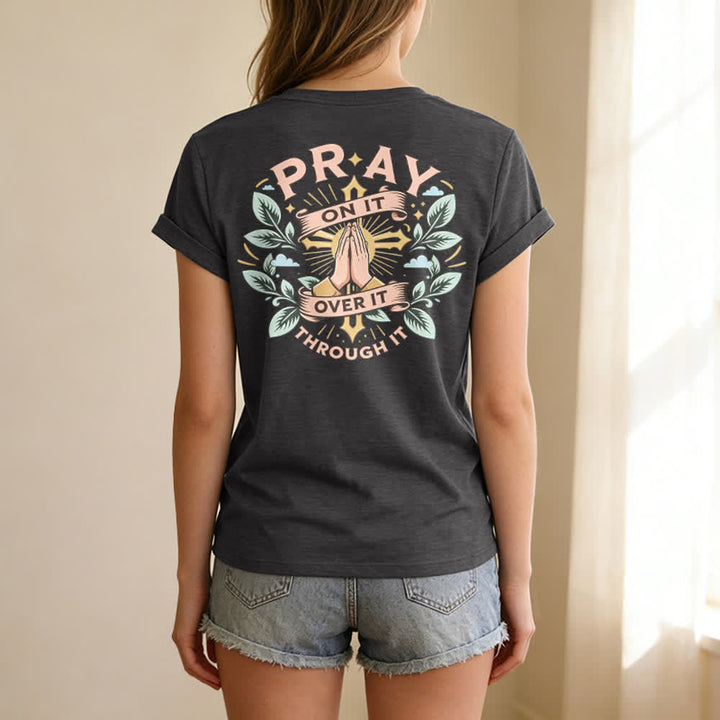 Christianartworkshop Pray On It Damen-T-Shirt mit seitlich geknoteten, hochgekrempelten Ärmeln und V-Ausschnitt - image 34