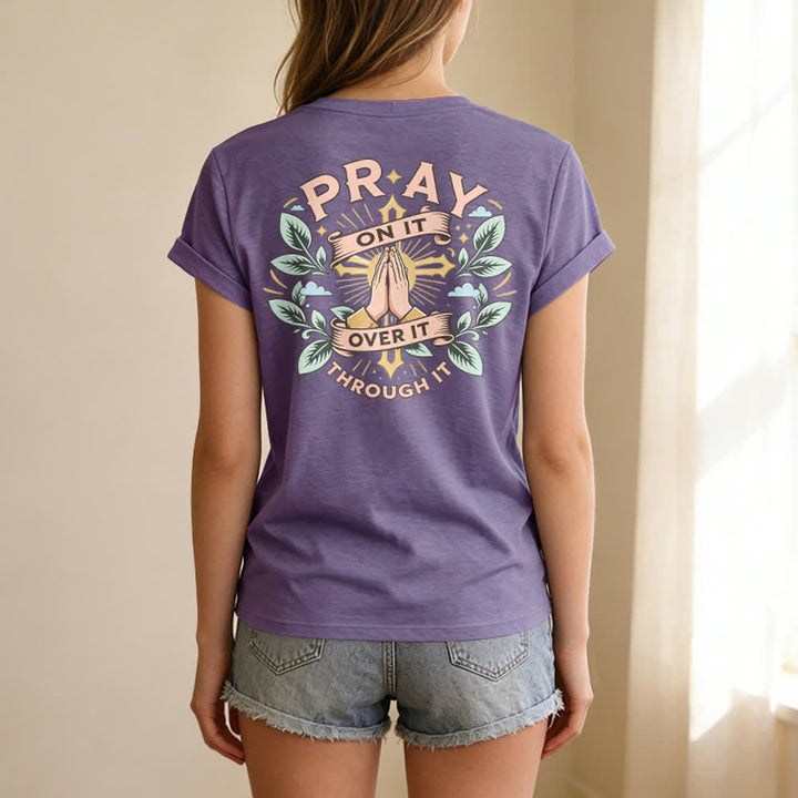 Christianartworkshop Pray On It Damen-T-Shirt mit seitlich geknoteten, hochgekrempelten Ärmeln und V-Ausschnitt - image 58
