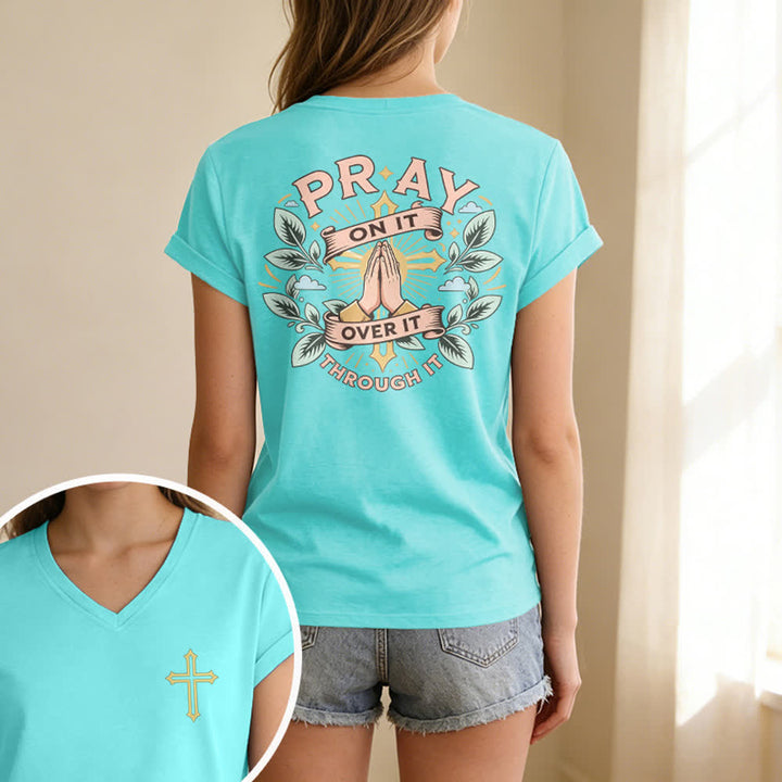 Christianartworkshop Pray On It Damen-T-Shirt mit seitlich geknoteten, hochgekrempelten Ärmeln und V-Ausschnitt - image 21