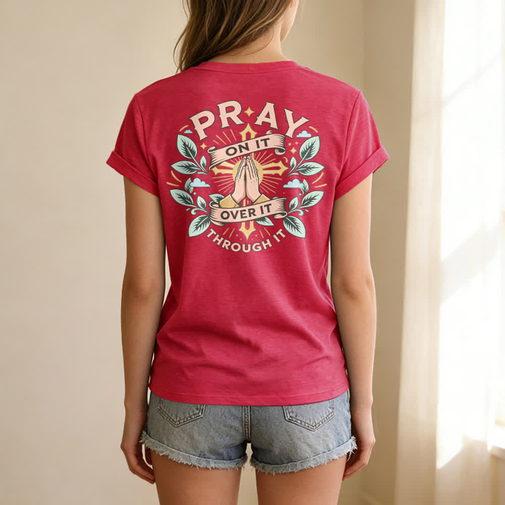 Christianartworkshop Pray On It Damen-T-Shirt mit seitlich geknoteten, hochgekrempelten Ärmeln und V-Ausschnitt - image 70