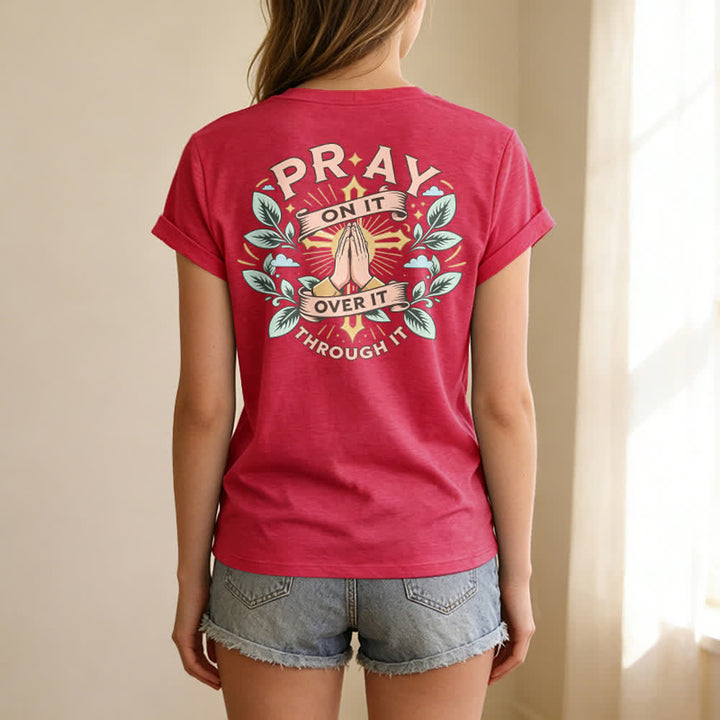 Christianartworkshop Pray On It Damen-T-Shirt mit seitlich geknoteten, hochgekrempelten Ärmeln und V-Ausschnitt - image 70
