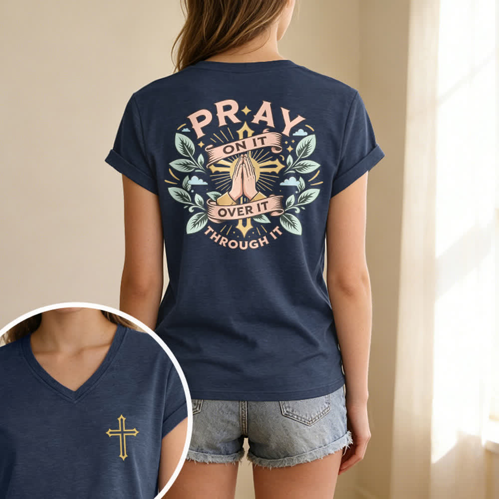 Christianartworkshop Pray On It Damen-T-Shirt mit seitlich geknoteten, hochgekrempelten Ärmeln und V-Ausschnitt - image 39
