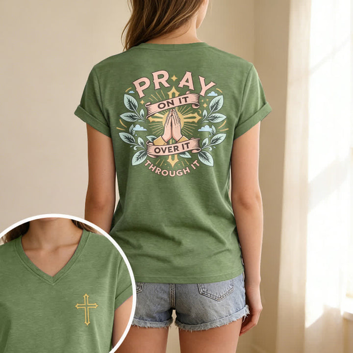 Christianartworkshop Pray On It Damen-T-Shirt mit seitlich geknoteten, hochgekrempelten Ärmeln und V-Ausschnitt - image 63