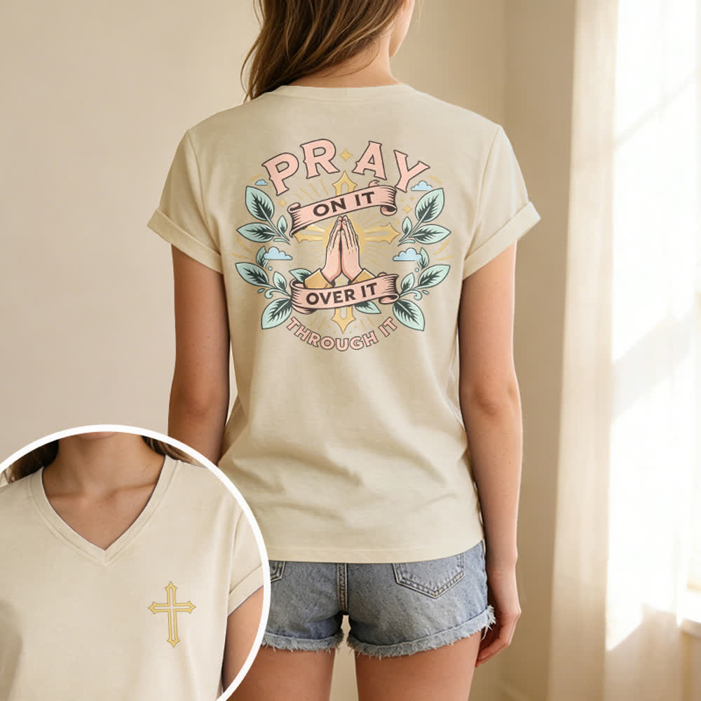 Christianartworkshop Pray On It Damen-T-Shirt mit seitlich geknoteten, hochgekrempelten Ärmeln und V-Ausschnitt - image 15