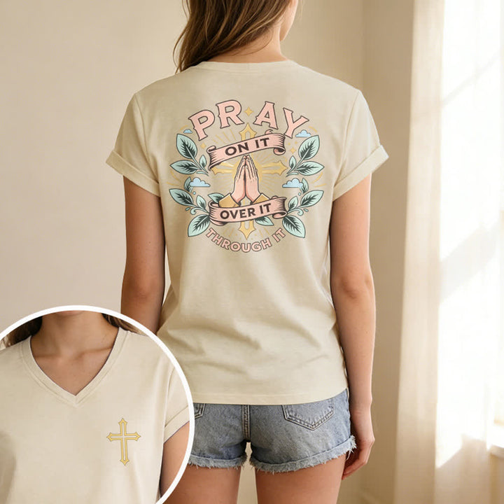 Christianartworkshop Pray On It Damen-T-Shirt mit seitlich geknoteten, hochgekrempelten Ärmeln und V-Ausschnitt - image 15