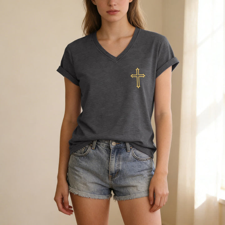 Christianartworkshop Pray On It Damen-T-Shirt mit seitlich geknoteten, hochgekrempelten Ärmeln und V-Ausschnitt - image 35