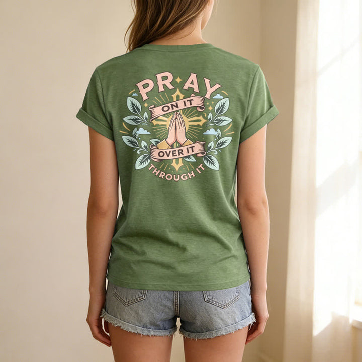Christianartworkshop Pray On It Damen-T-Shirt mit seitlich geknoteten, hochgekrempelten Ärmeln und V-Ausschnitt - image 64