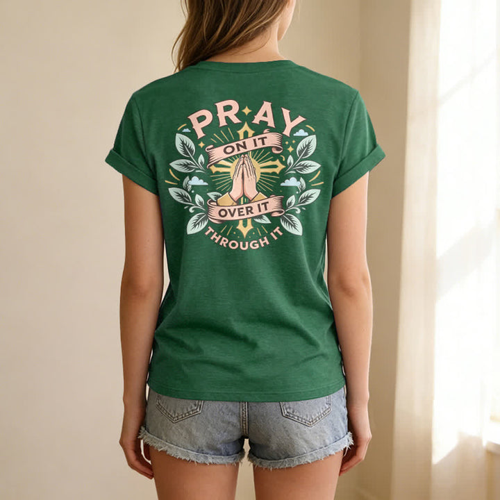 Christianartworkshop Pray On It Damen-T-Shirt mit seitlich geknoteten, hochgekrempelten Ärmeln und V-Ausschnitt - image 52
