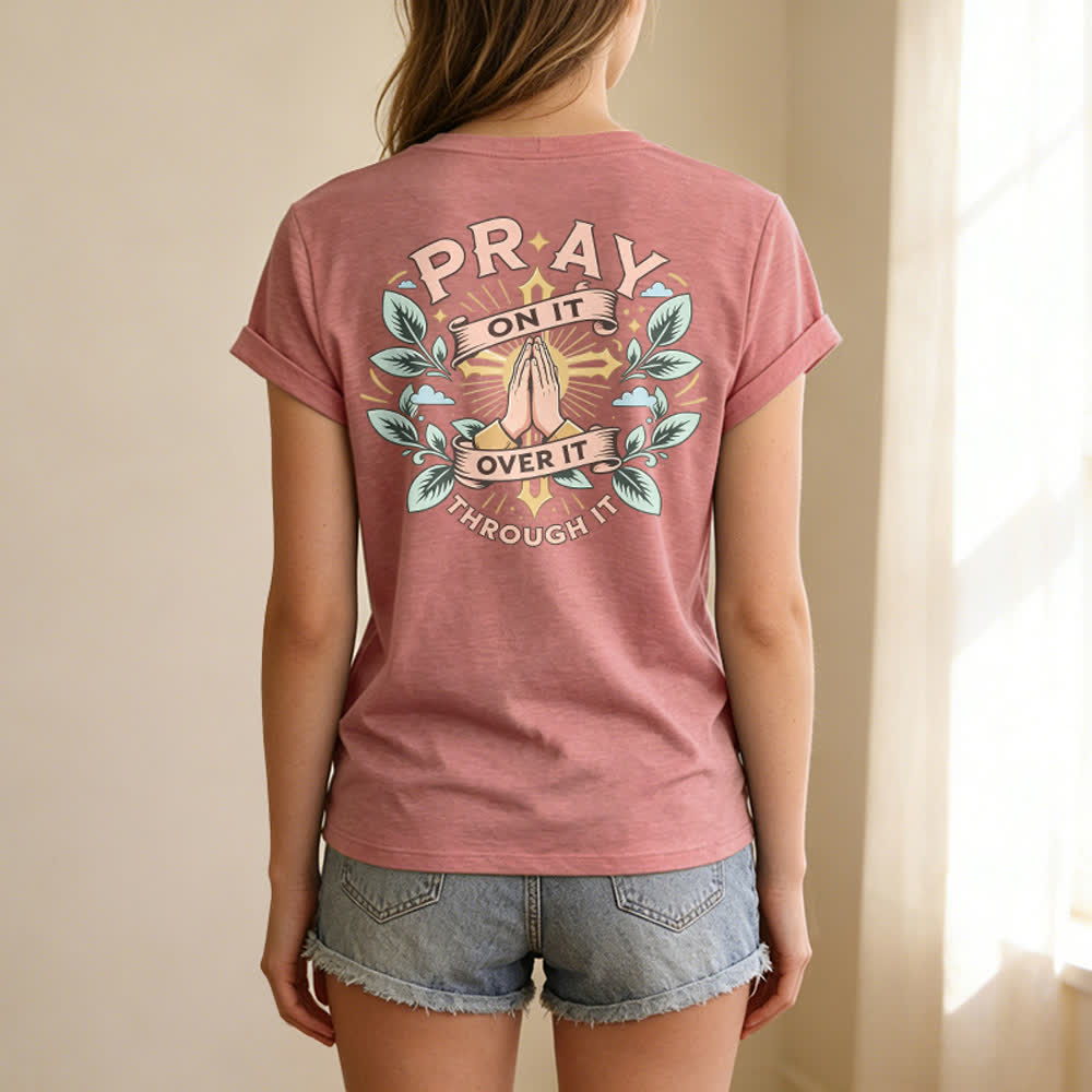 Christianartworkshop Pray On It Damen-T-Shirt mit seitlich geknoteten, hochgekrempelten Ärmeln und V-Ausschnitt - image 28