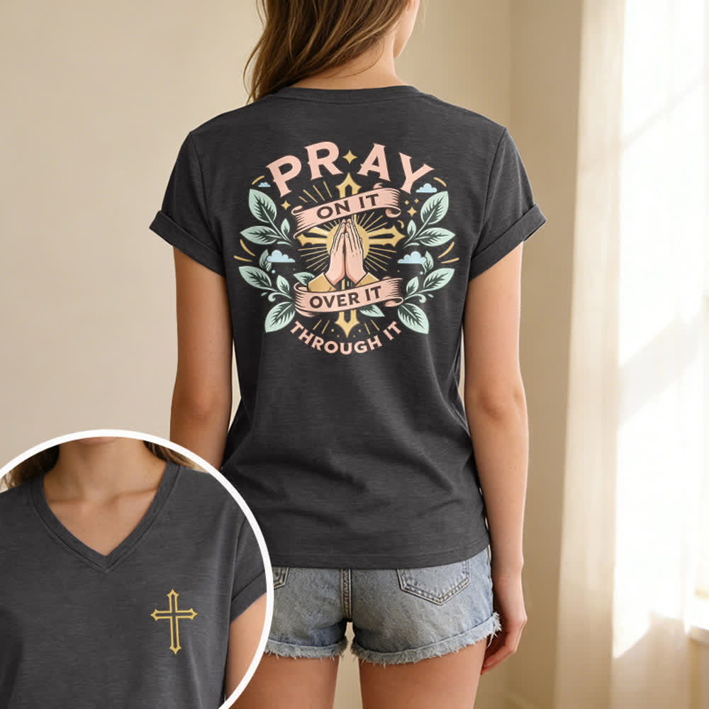 Christianartworkshop Pray On It Damen-T-Shirt mit seitlich geknoteten, hochgekrempelten Ärmeln und V-Ausschnitt - image 33