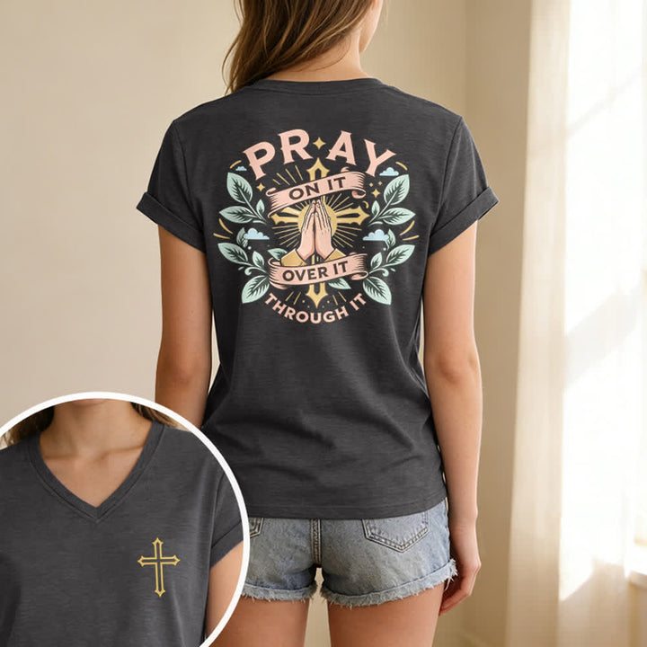 Christianartworkshop Pray On It Damen-T-Shirt mit seitlich geknoteten, hochgekrempelten Ärmeln und V-Ausschnitt - image 33