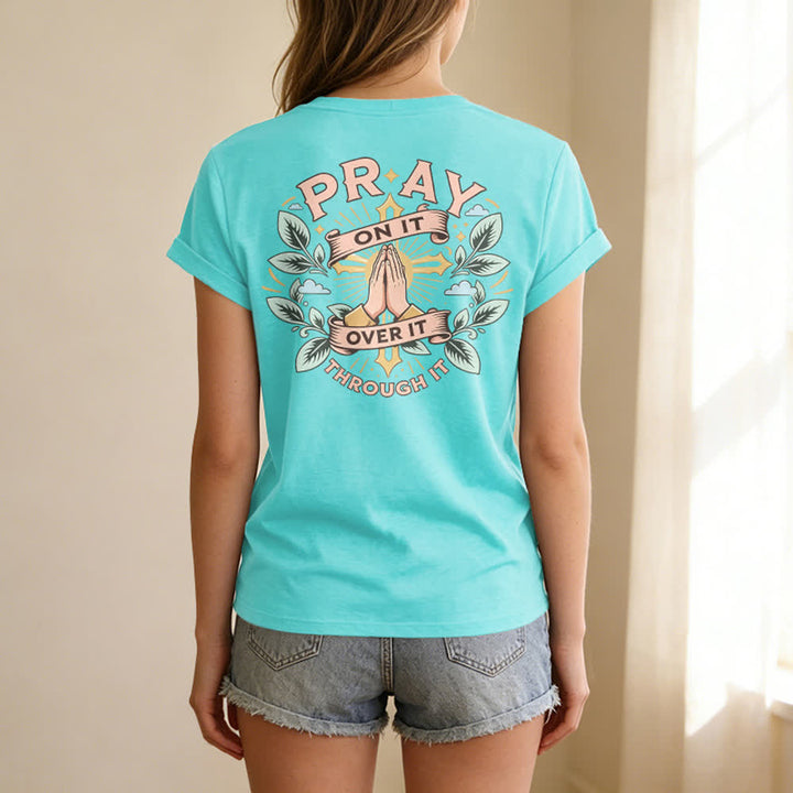 Christianartworkshop Pray On It Damen-T-Shirt mit seitlich geknoteten, hochgekrempelten Ärmeln und V-Ausschnitt - image 22