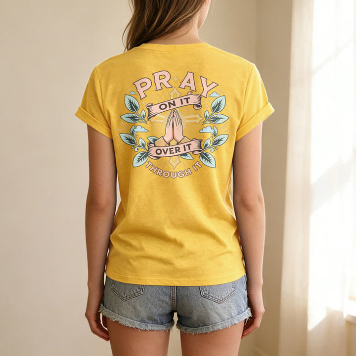 Christianartworkshop Pray On It Damen-T-Shirt mit seitlich geknoteten, hochgekrempelten Ärmeln und V-Ausschnitt - image 46