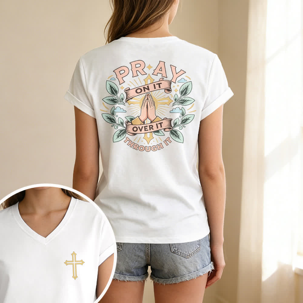 Christianartworkshop Pray On It Damen-T-Shirt mit seitlich geknoteten, hochgekrempelten Ärmeln und V-Ausschnitt - image 9