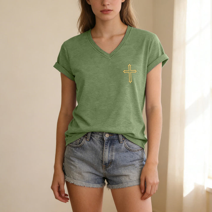Christianartworkshop Pray On It Damen-T-Shirt mit seitlich geknoteten, hochgekrempelten Ärmeln und V-Ausschnitt - image 65