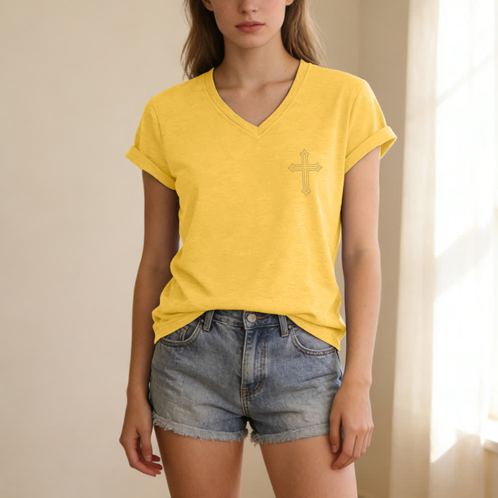 Christianartworkshop Pray On It Damen-T-Shirt mit seitlich geknoteten, hochgekrempelten Ärmeln und V-Ausschnitt - image 47