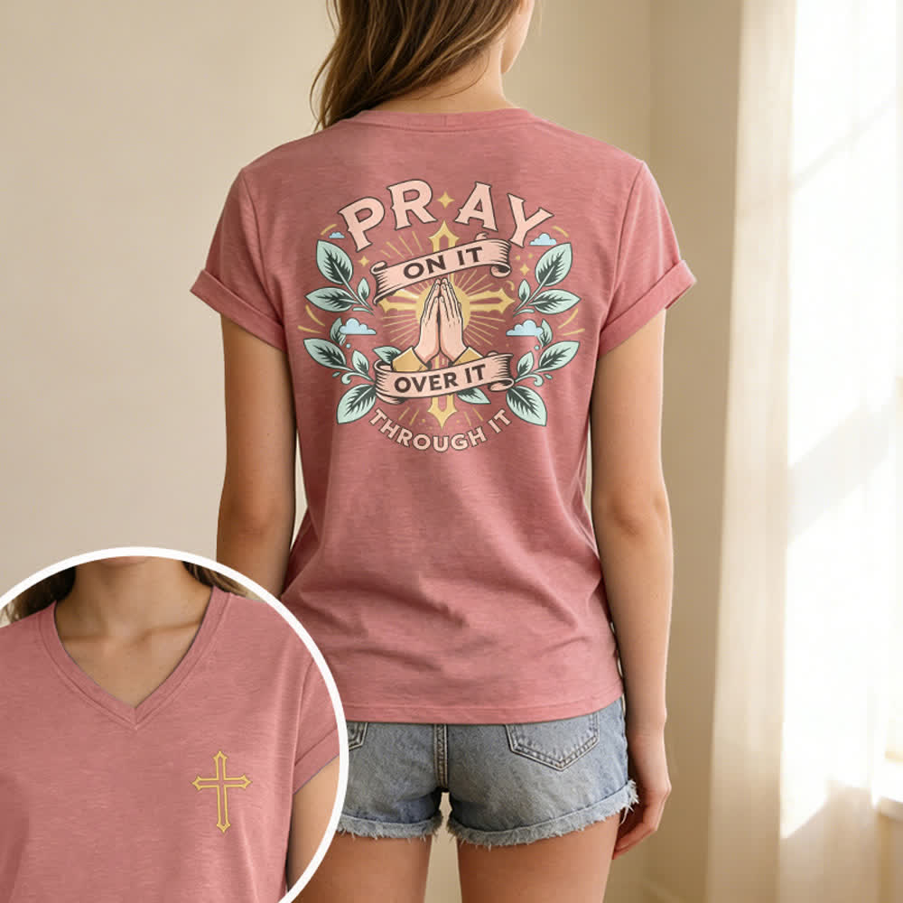 Christianartworkshop Pray On It Damen-T-Shirt mit seitlich geknoteten, hochgekrempelten Ärmeln und V-Ausschnitt - image 27