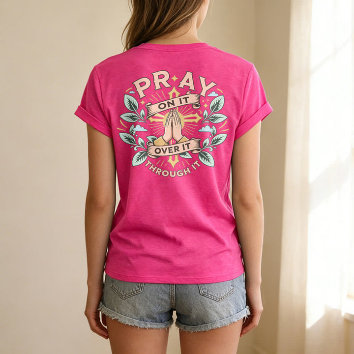 Christianartworkshop Pray On It Damen-T-Shirt mit seitlich geknoteten, hochgekrempelten Ärmeln und V-Ausschnitt - image 76