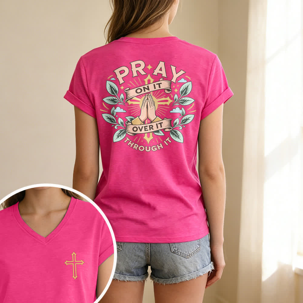 Christianartworkshop Pray On It Damen-T-Shirt mit seitlich geknoteten, hochgekrempelten Ärmeln und V-Ausschnitt - image 75