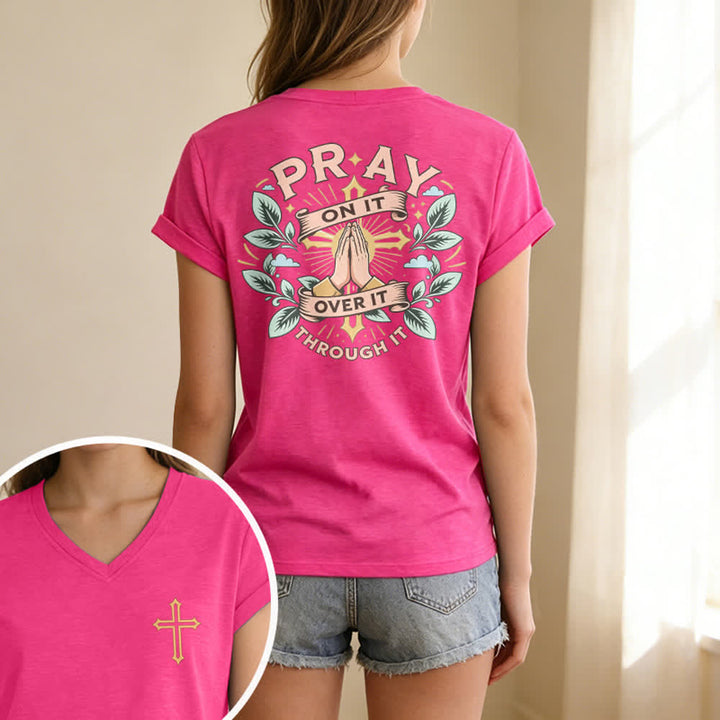 Christianartworkshop Pray On It Damen-T-Shirt mit seitlich geknoteten, hochgekrempelten Ärmeln und V-Ausschnitt - image 75