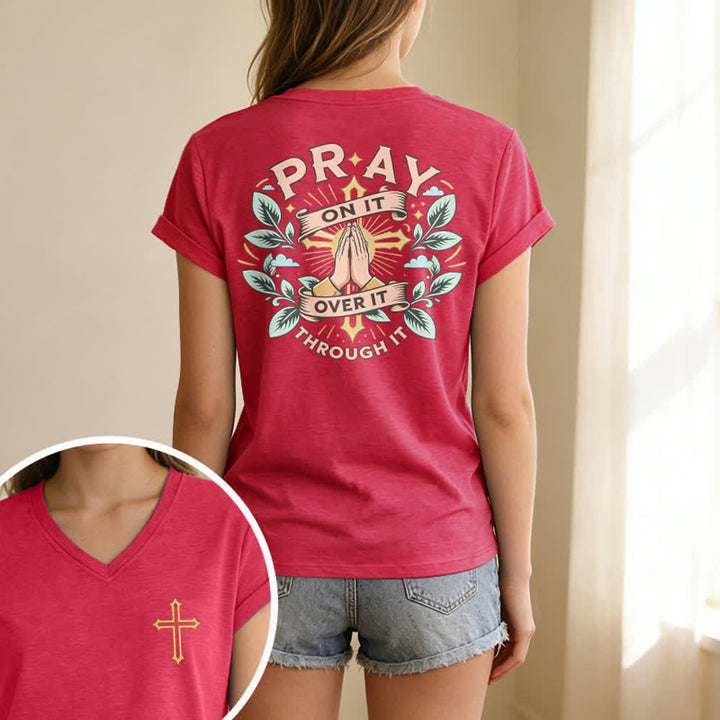 Christianartworkshop Pray On It Damen-T-Shirt mit seitlich geknoteten, hochgekrempelten Ärmeln und V-Ausschnitt - image 69