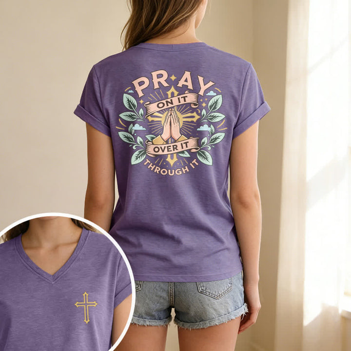 Christianartworkshop Pray On It Damen-T-Shirt mit seitlich geknoteten, hochgekrempelten Ärmeln und V-Ausschnitt - image 57