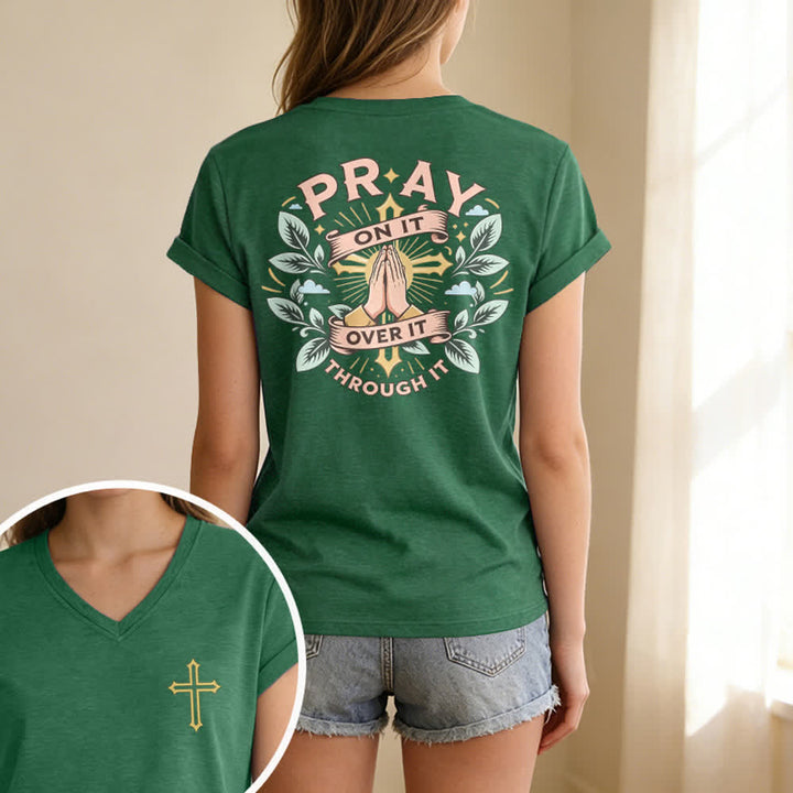 Christianartworkshop Pray On It Damen-T-Shirt mit seitlich geknoteten, hochgekrempelten Ärmeln und V-Ausschnitt - image 51