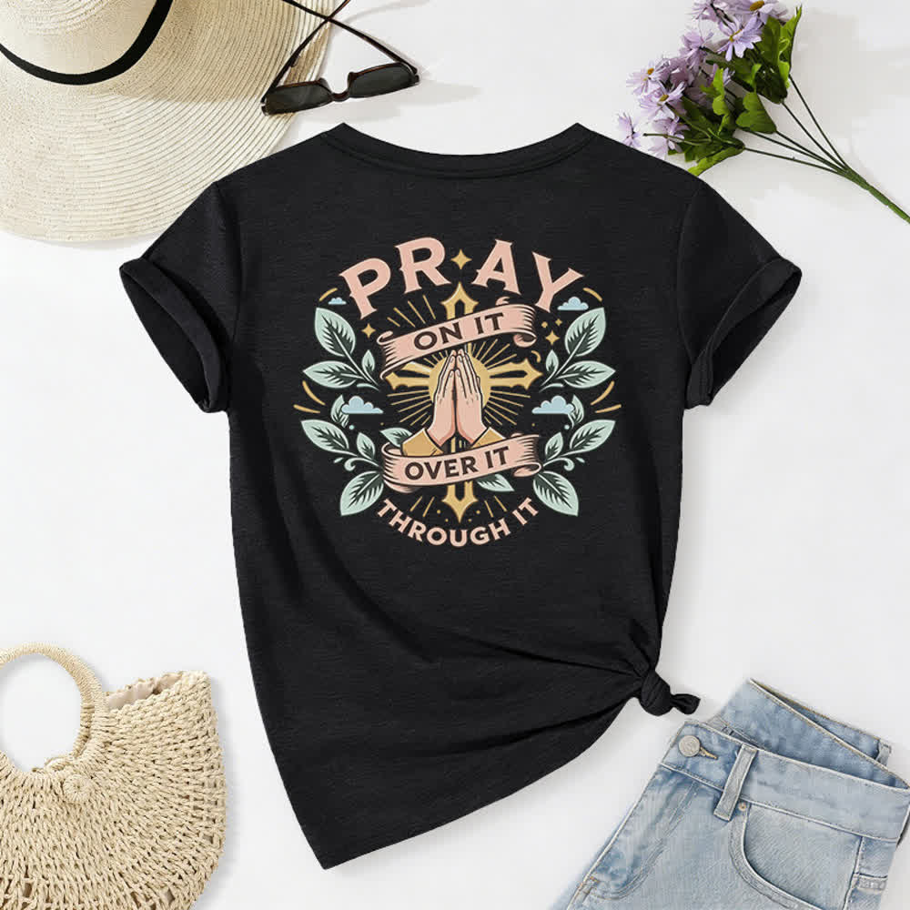 Christianartworkshop Pray On It Damen-T-Shirt mit seitlich geknoteten, hochgekrempelten Ärmeln und V-Ausschnitt - image 1