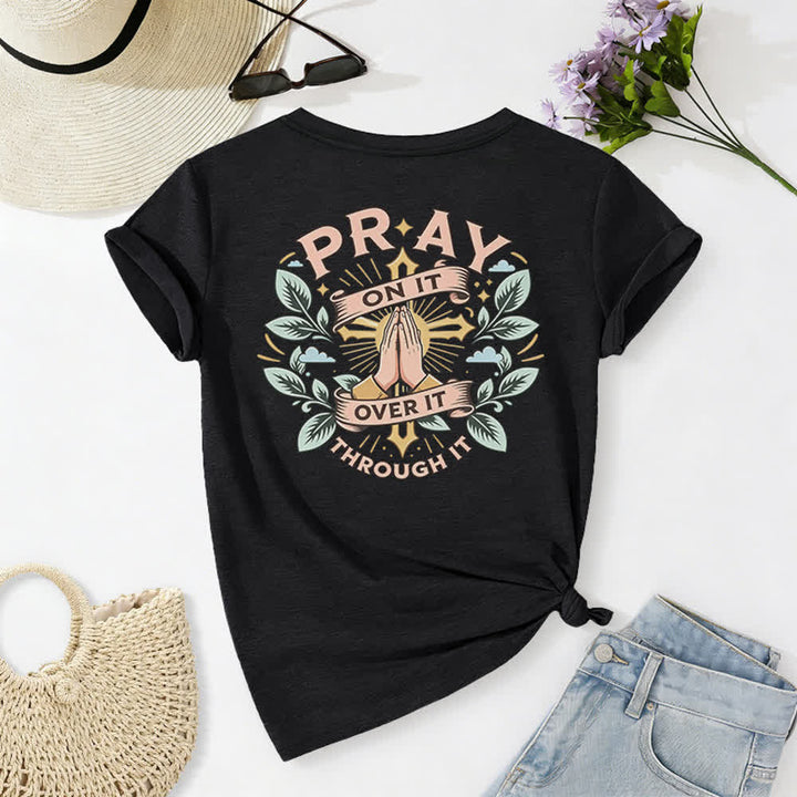 Christianartworkshop Pray On It Damen-T-Shirt mit seitlich geknoteten, hochgekrempelten Ärmeln und V-Ausschnitt - image 1