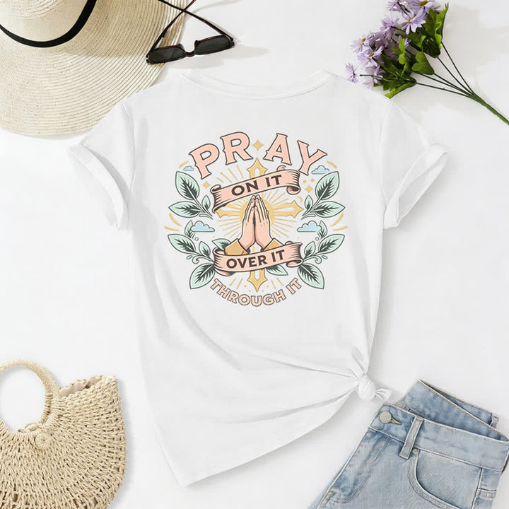 Christianartworkshop Pray On It Damen-T-Shirt mit seitlich geknoteten, hochgekrempelten Ärmeln und V-Ausschnitt - image 7