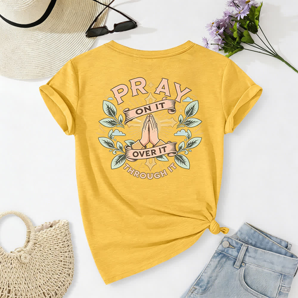 Christianartworkshop Pray On It Damen-T-Shirt mit seitlich geknoteten, hochgekrempelten Ärmeln und V-Ausschnitt - image 43