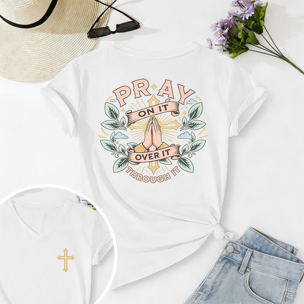 Christianartworkshop Pray On It Damen-T-Shirt mit seitlich geknoteten, hochgekrempelten Ärmeln und V-Ausschnitt - Weiß - 2XL - image 6