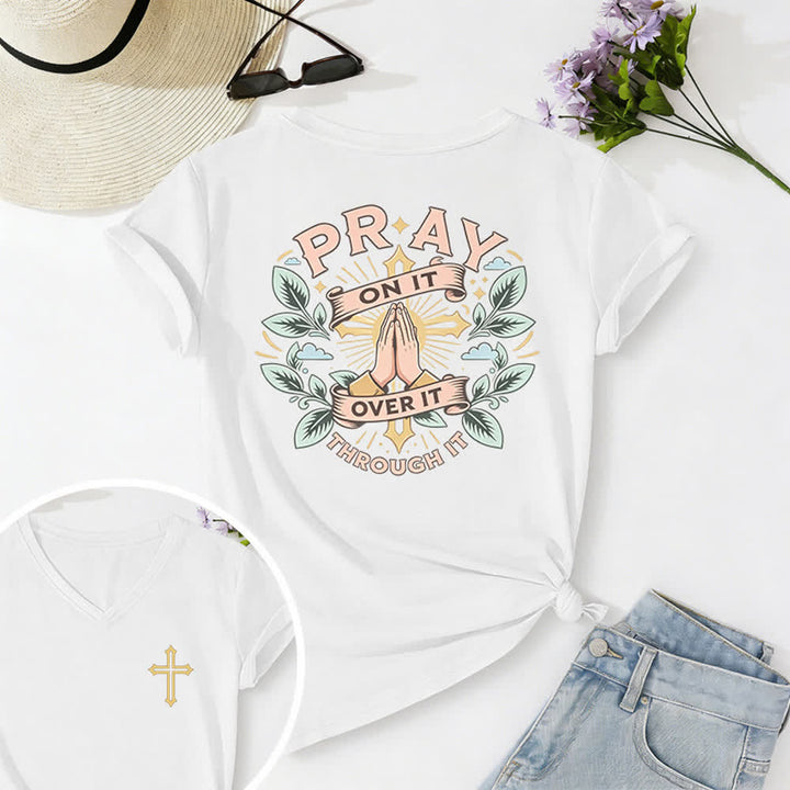 Christianartworkshop Pray On It Damen-T-Shirt mit seitlich geknoteten, hochgekrempelten Ärmeln und V-Ausschnitt - Weiß - 2XL - image 6