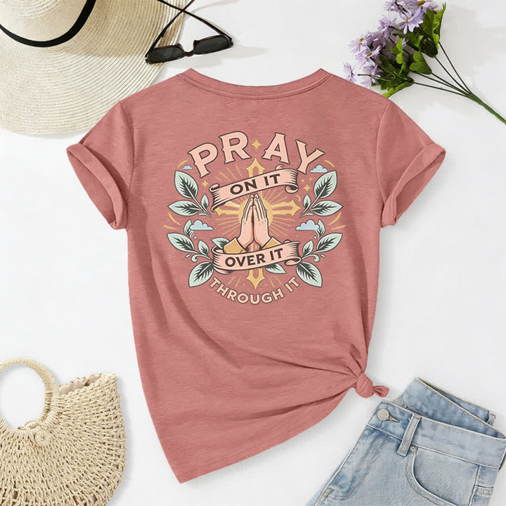 Christianartworkshop Pray On It Damen-T-Shirt mit seitlich geknoteten, hochgekrempelten Ärmeln und V-Ausschnitt - image 25