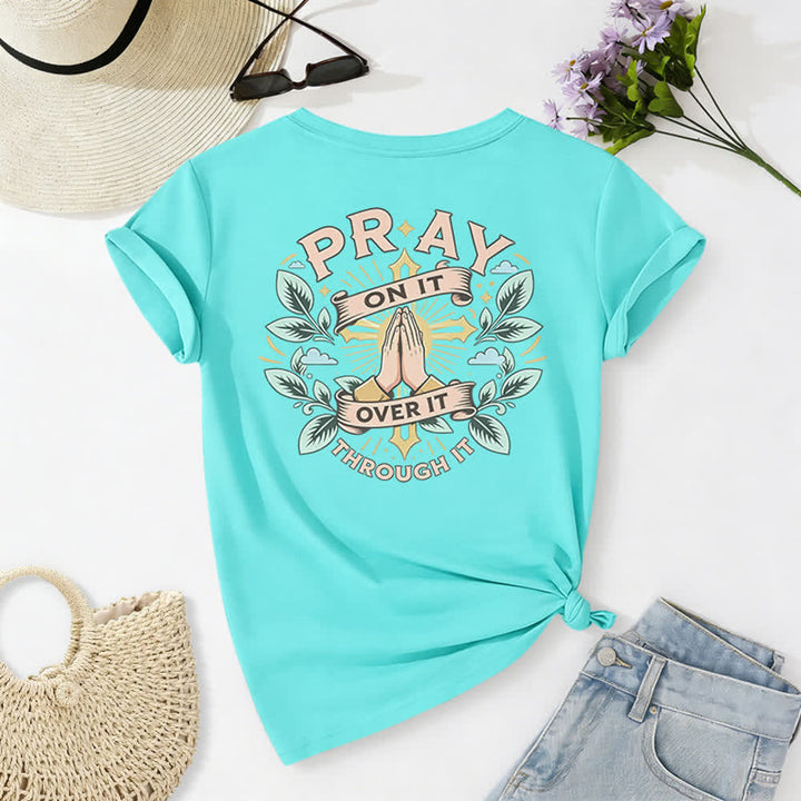 Christianartworkshop Pray On It Damen-T-Shirt mit seitlich geknoteten, hochgekrempelten Ärmeln und V-Ausschnitt - image 19