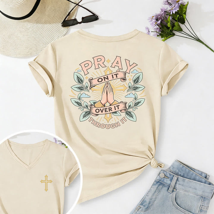 Christianartworkshop Pray On It Damen-T-Shirt mit seitlich geknoteten, hochgekrempelten Ärmeln und V-Ausschnitt - Beige - 2XL - image 12