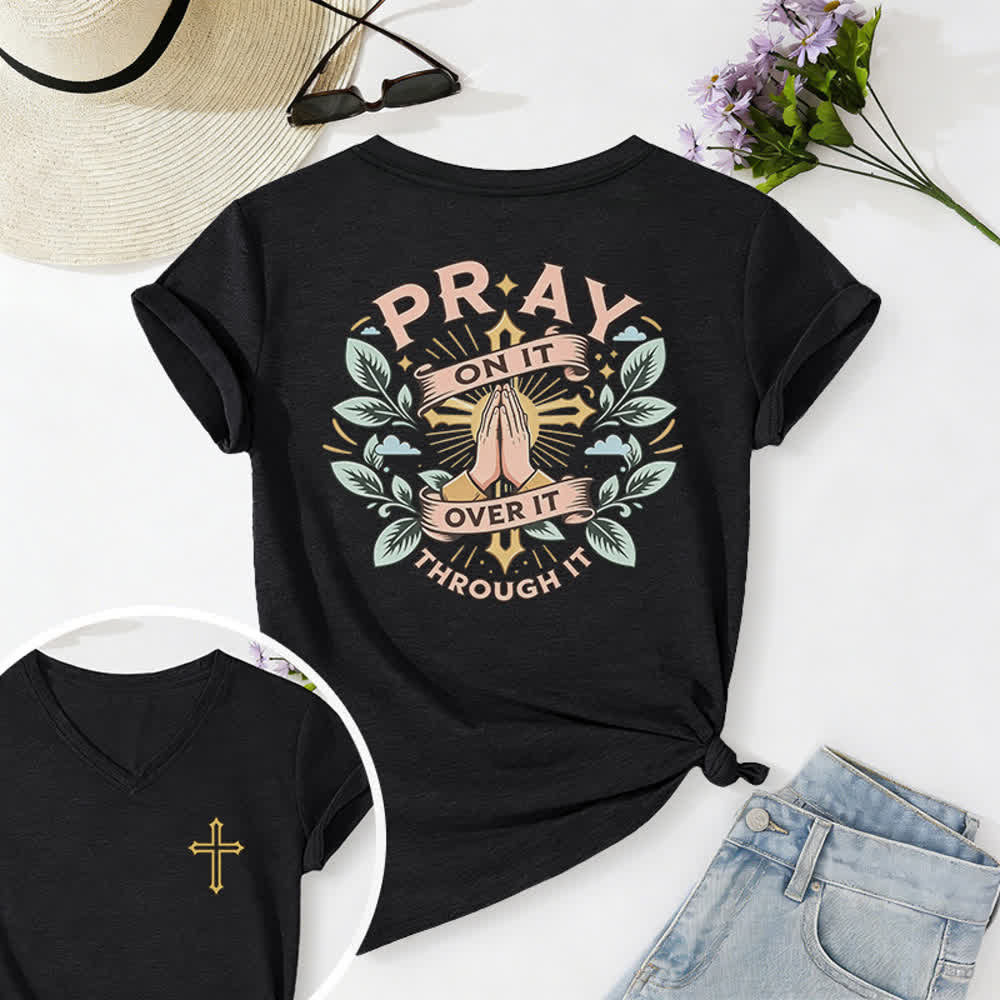 Christianartworkshop Pray On It Damen-T-Shirt mit seitlich geknoteten, hochgekrempelten Ärmeln und V-Ausschnitt - Schwarz - 2XL - image 0