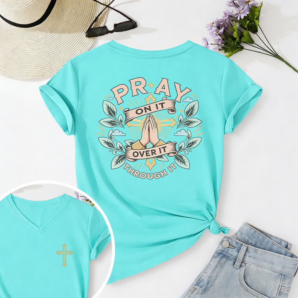 Christianartworkshop Pray On It Damen-T-Shirt mit seitlich geknoteten, hochgekrempelten Ärmeln und V-Ausschnitt - Blau - 2XL - image 18